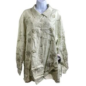 NWT VTG 90s C.B. Studio Green Embroidered Floral Linen Button Up Blouse 2X Chic
